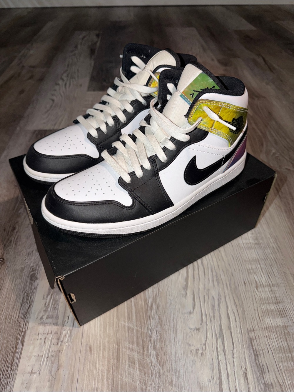 Jordan Mid-Top Sneakers in White, Black & holographic Accents